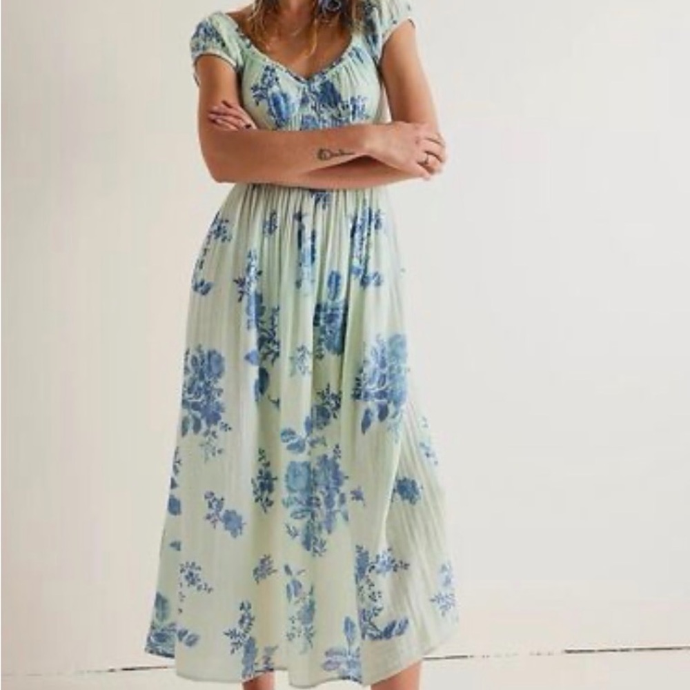 Free People Forget Me Not Midi Dress Floral Printed Smocked Flowy